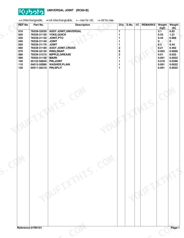 Kubota RC60-B parts list table for universal joint components including part numbers, descriptions, and weights.