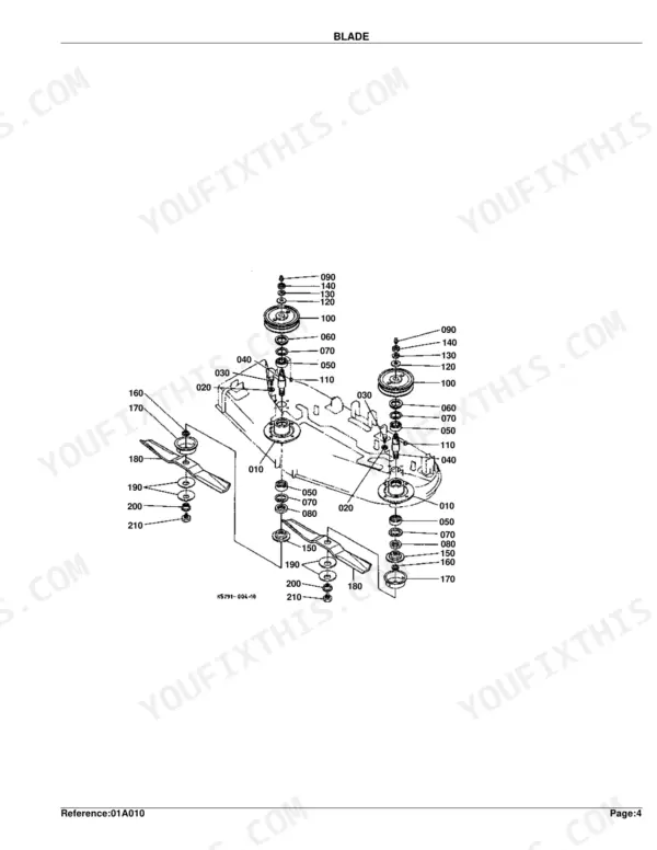 Kubota RC72-27B exploded view diagram of mower deck blade assembly, spindles, pulleys, and mounting hardware.
