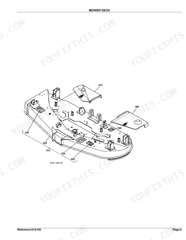 Kubota RC72-27B mower deck exploded view diagram showing deck shell, covers, and mounting brackets.