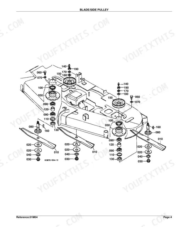 Kubota RC72-29A exploded view diagram of mower deck blade and side pulley assembly components with reference numbers.