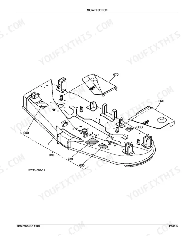 Kubota RC72-30B mower deck exploded view diagram showing deck shell, covers, and mounting brackets with reference numbers.
