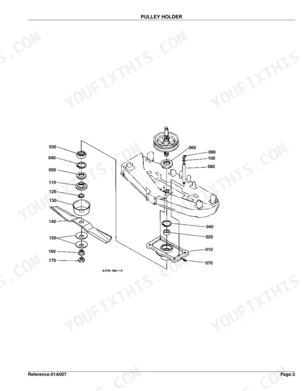 Kubota RC72-30B exploded view diagram of the mower deck pulley holder, blade assembly, and spindle components.