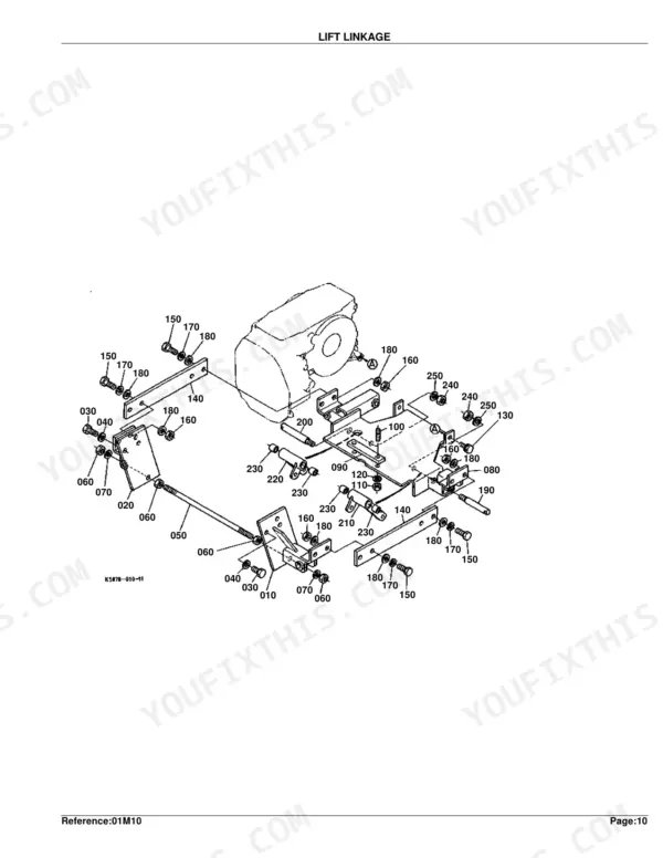 Kubota RC72-36A, RC72-29, RC72-29A exploded view diagram of the mower deck lift linkage components.