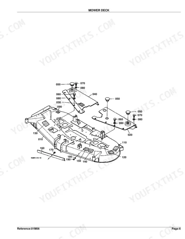 Kubota RC72-36A, RC72-29, RC72-29A mower deck exploded view showing deck plates, caps, and hardware components.