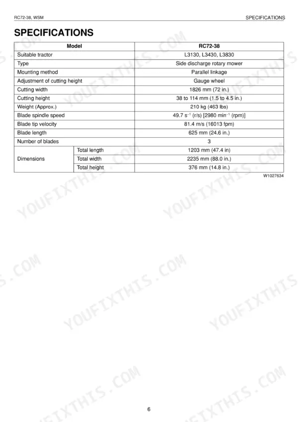 Kubota RC72-38 mower specifications table including dimensions, cutting height, weight, and blade details.