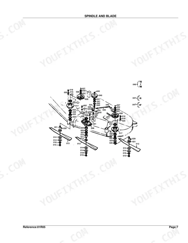 Kubota RCB60-I exploded view diagram of the mower deck spindle and blade assembly with numbered component parts.