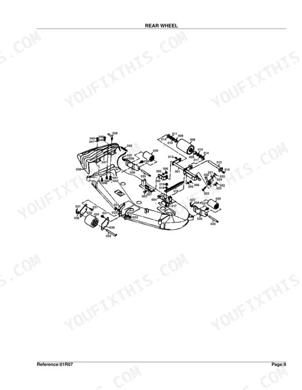 Kubota RCB60-I exploded view diagram of the rear wheel assembly, rollers, and mower deck mounting components.