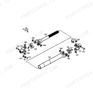 Kubota RCB60-I exploded view diagram of the drive shaft joint assembly showing yokes, cross kits, and snap rings.