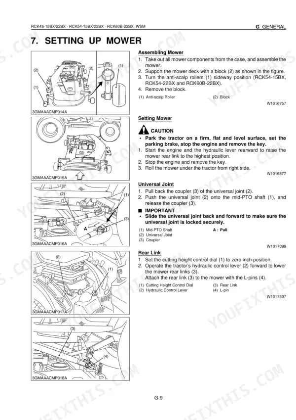 Kubota RCK48-15BX, RCK48-22BX, RCK54-15BX, RCK54-22BX, RCK60B-22BX mower assembly, universal joint, and rear link setup guide.