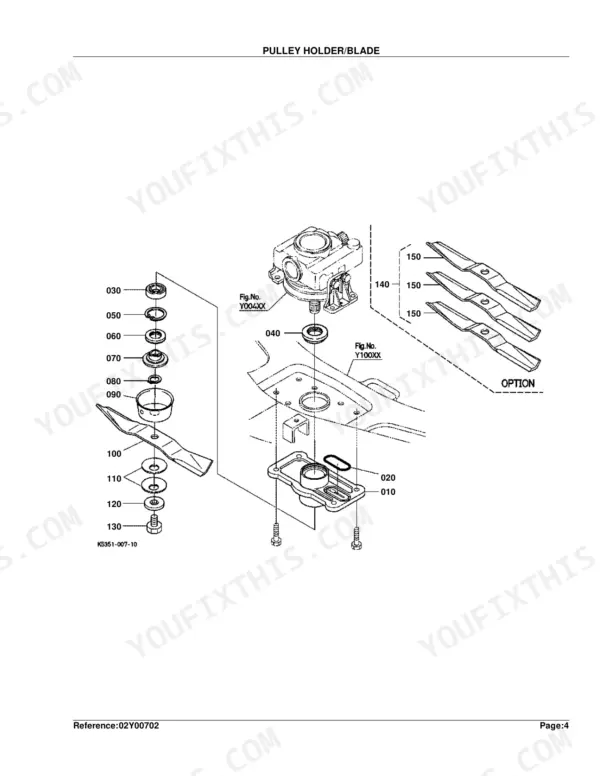 Kubota RCK54-15BX exploded view diagram of mower deck pulley holder and blade assembly components.
