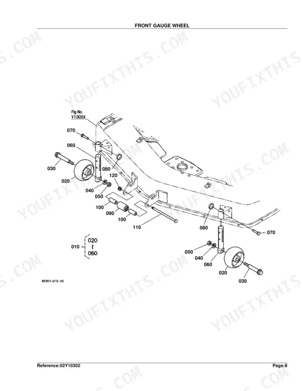 Kubota RCK54-15BX exploded view diagram of the front gauge wheel assembly, including wheels, bolts, and mounting hardware.