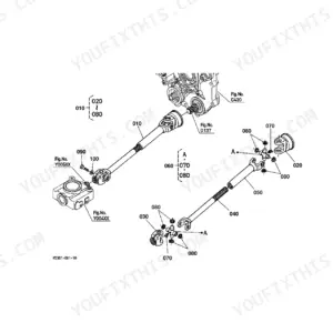 Kubota RCK54-15BX exploded view diagram of the universal joint, drive shaft, and yoke assembly components.