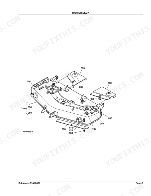 Kubota RCK54-22BX mower deck exploded view diagram showing deck shell, covers, and mounting hardware components.