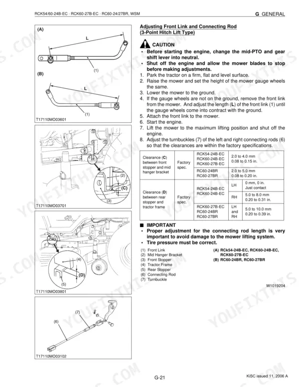 Kubota RCK54-24B-EC, RCK60-24B-EC, RCK60-27B-EC, RC60-24BR, RC60-27BR front link and connecting rod adjustment procedures.