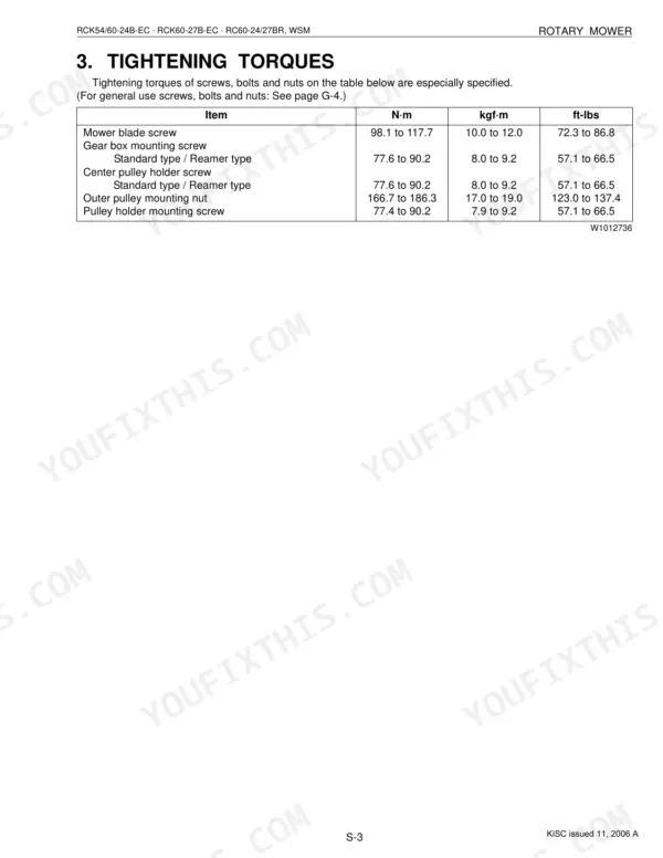 Kubota RCK54-24B-EC, RCK60-24B-EC, RCK60-27B-EC, RC60-24BR, RC60-27BR tightening torque specifications table for mower components.