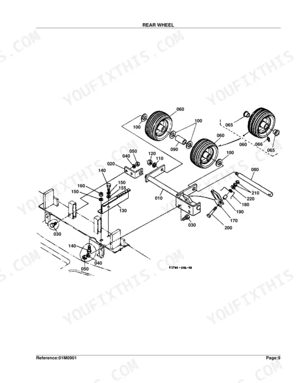 Kubota RCK54-24B exploded view diagram of rear wheel assembly, mounting brackets, and height adjustment components.