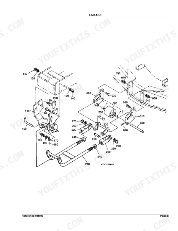 Kubota RCK54-24B exploded view diagram of the mower deck linkage assembly with numbered component parts list.