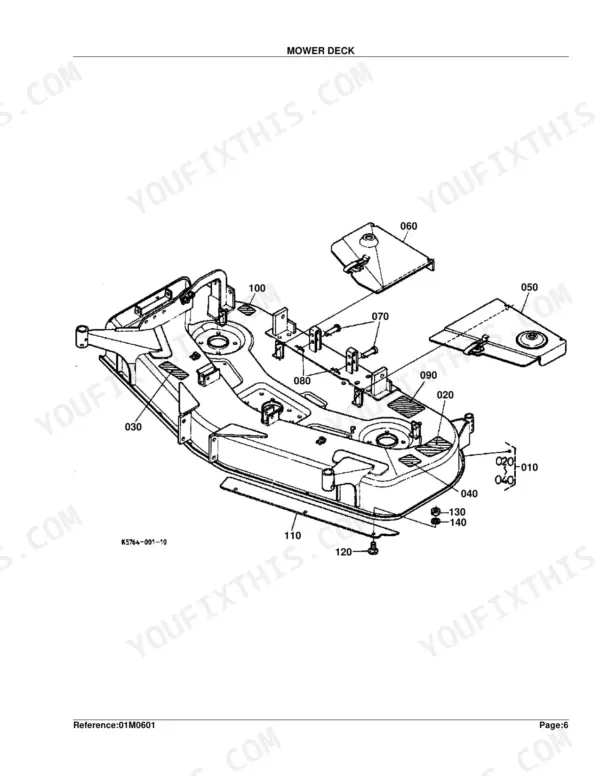 Kubota RCK54-24B exploded view diagram of the mower deck assembly, showing deck shell, covers, and mounting hardware.