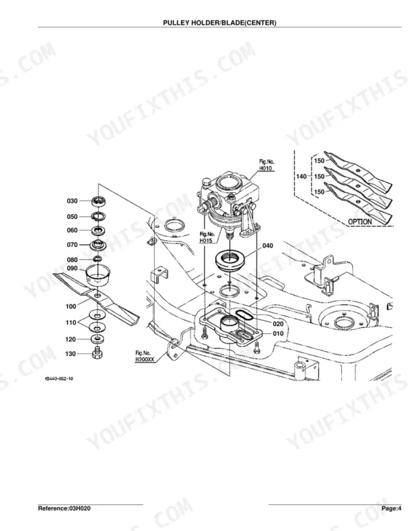 Kubota RCK54-24G(G2460G) exploded view of center pulley holder and mower blade assembly components.