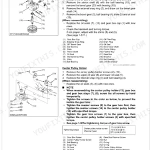 Kubota RCK54-32, RCK60-32 mower gear box and center pulley holder disassembly and reassembly procedures with diagrams.