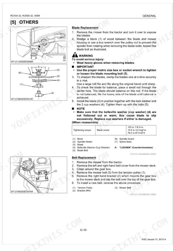 Kubota RCK54-32, RCK60-32 mower blade replacement, sharpening, and belt replacement procedures with torque specifications.