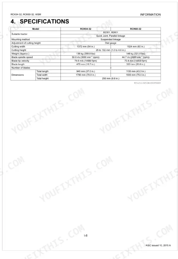 Kubota RCK54-32, RCK60-32 mower deck specifications table including cutting width, blade speed, and dimensions.