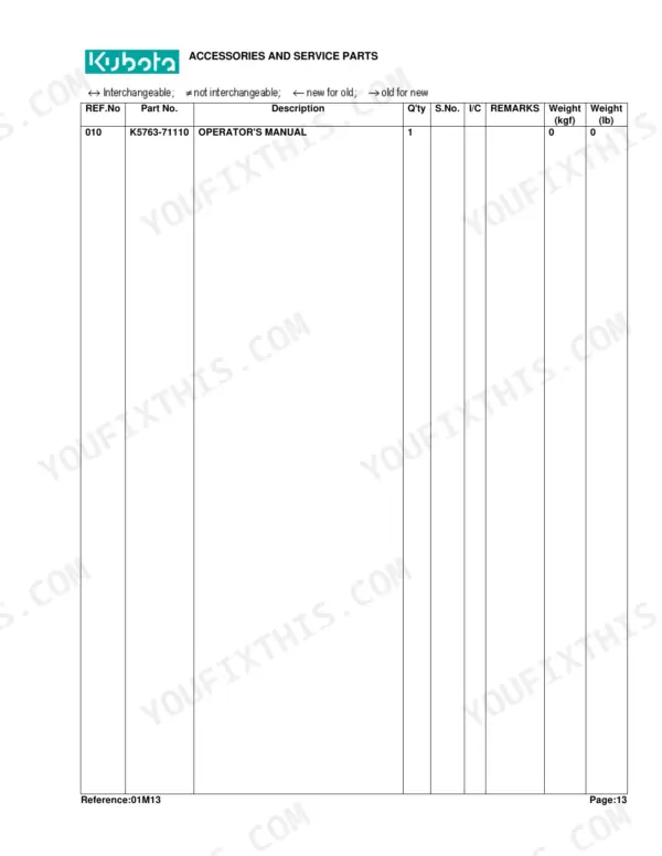 Kubota RCK60-24B parts list table showing operator's manual part number K5763-71110 for accessories and service parts.