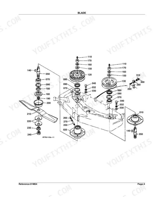Kubota RCK60-24B exploded view diagram of mower deck blade assembly, spindles, pulleys, and mounting hardware components.