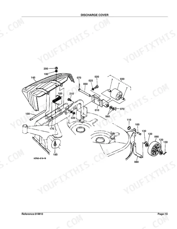 Kubota RCK60-24B exploded view of mower deck discharge cover, roller, and gauge wheel components.