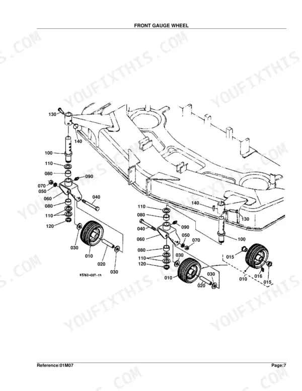 Kubota RCK60-24B exploded view diagram of the front gauge wheel assembly, including brackets, wheels, and hardware.
