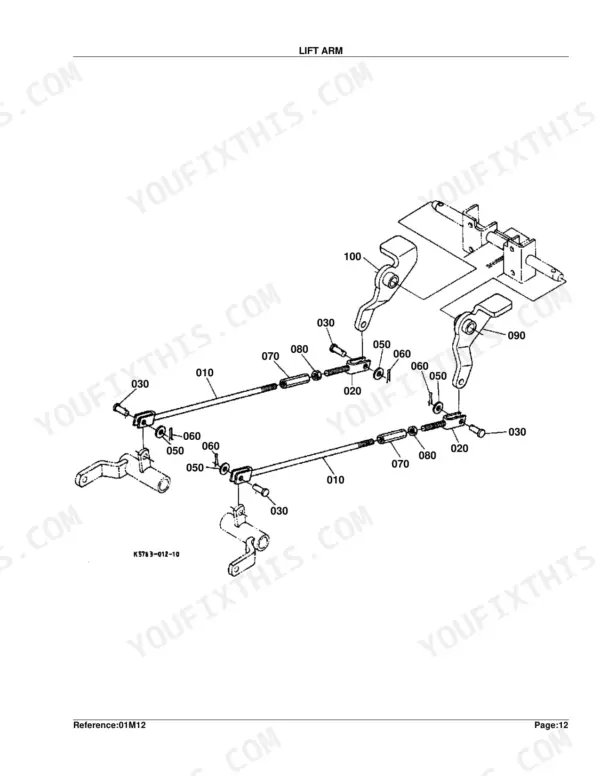 Kubota RCK60-24B exploded view diagram of the mower deck lift arm linkage components and hardware.