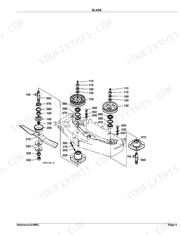 Kubota RCK60-27B exploded view diagram of mower deck blade, spindle assembly, bearings, and pulley components.