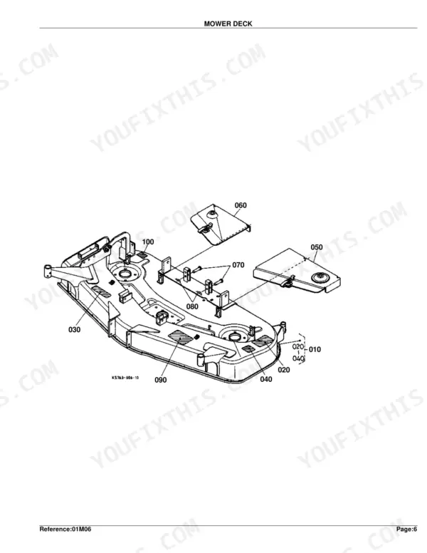 Kubota RCK60-27B mower deck exploded view showing deck shell, belt covers, and mounting brackets with reference numbers.