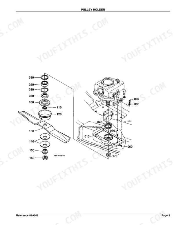 Kubota RCK60-30B exploded view diagram of the mower deck pulley holder, blade assembly, and mounting components.