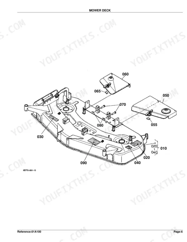 Kubota RCK60-30B exploded view diagram of mower deck assembly, including deck shell, covers, and mounting hardware.