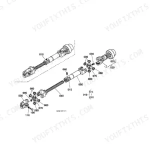 Kubota RCK60-30B exploded view diagram of the universal joint assembly showing yokes, cross kits, and drive shafts.
