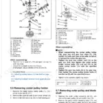 Kubota RCK60-30BB, RC72-30BB exploded view of mower gear box and center pulley holder disassembly and reassembly steps.