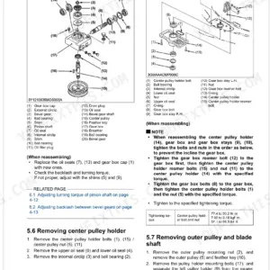 Kubota RCK60-30BB, RC72-30BB exploded view of mower gear box and center pulley holder disassembly and reassembly steps.