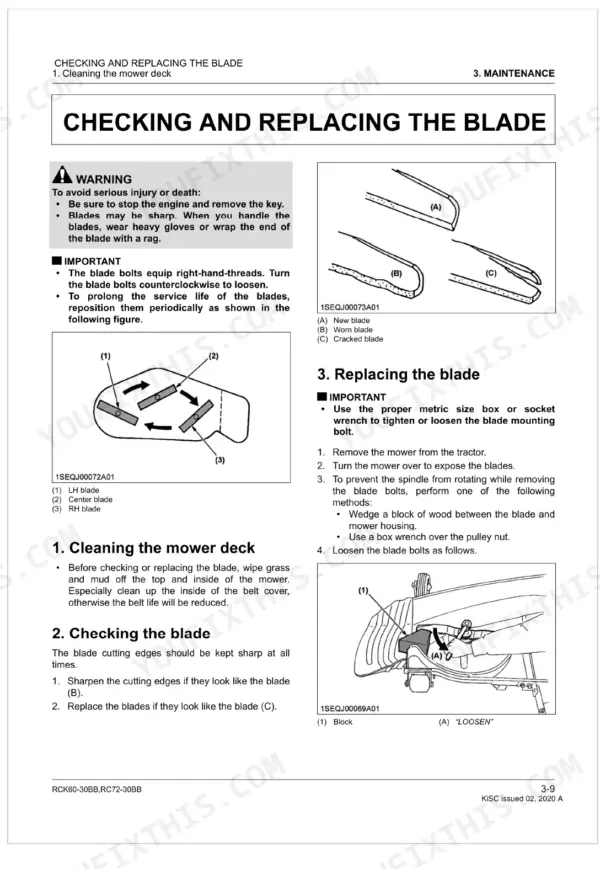 Kubota RCK60-30BB, RC72-30BB maintenance guide for checking and replacing mower deck blades with safety diagrams.
