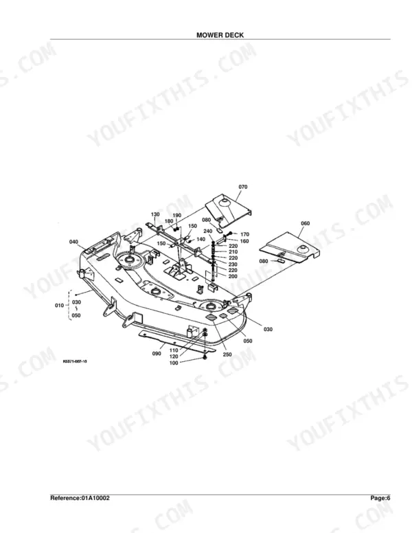 Kubota RCK60B-22BX mower deck exploded view showing deck shell, discharge covers, and linkage components.