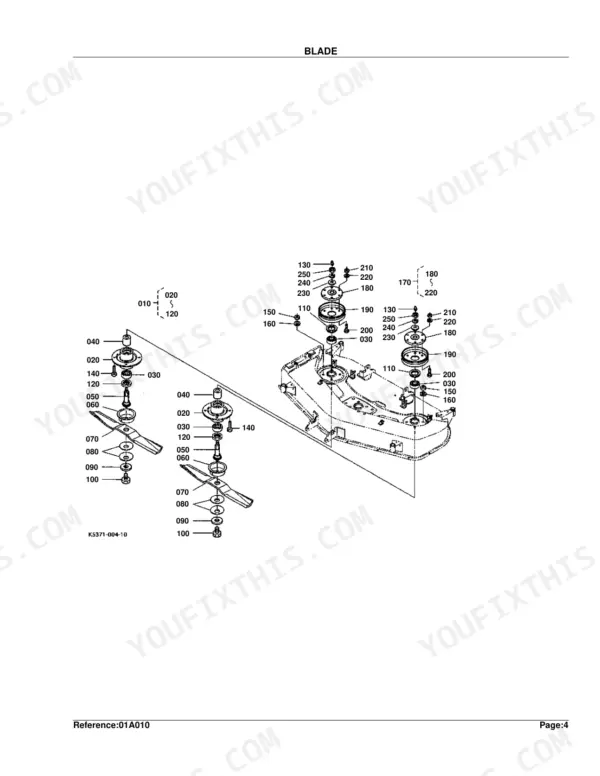 Kubota RCK60B-22BX exploded view diagram of mower deck blade assembly, spindle housings, and pulley components.