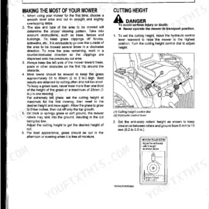 Kubota RCK60D-26BX, RCK54D-26BX mower operation guide, cutting height adjustment, and anti-scalp roller settings diagram.