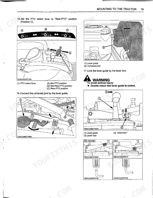 Kubota RCK60D-26BX, RCK54D-26BX mower deck mounting procedure showing PTO lever positions, universal joint, and lever lock.