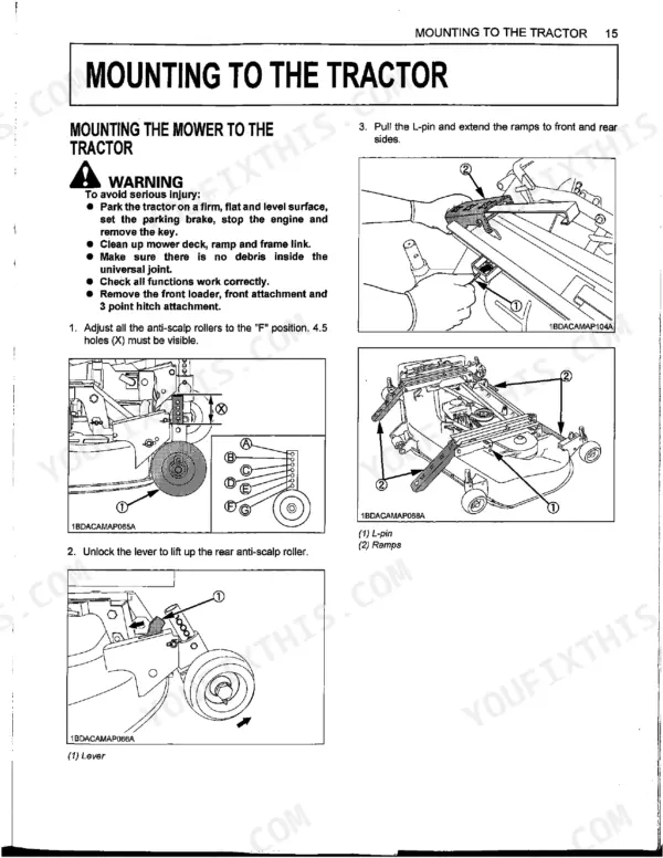 Kubota RCK60D-26BX, RCK54D-26BX mower deck mounting procedure, anti-scalp roller adjustment, and ramp extension diagrams.