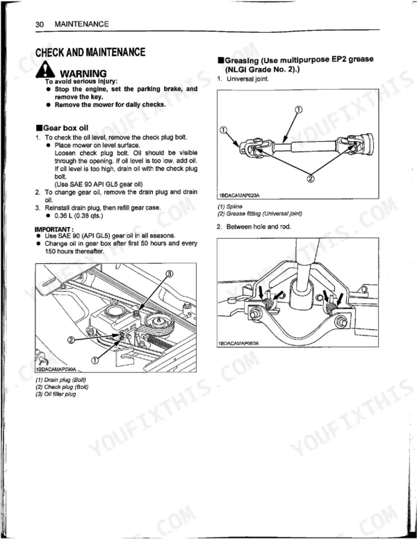 Kubota RCK60D-26BX, RCK54D-26BX maintenance page showing gear box oil check, drain procedures, and universal joint greasing.
