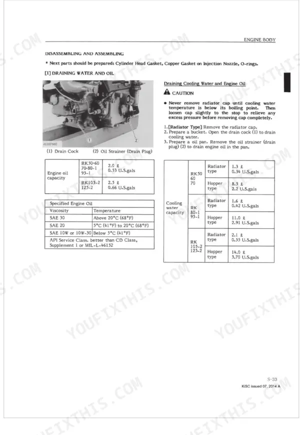 Kubota RK Series engine procedure for draining cooling water and oil, including capacity tables and oil viscosity specifications.