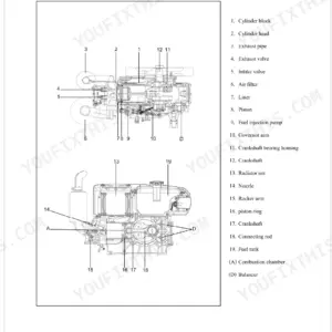 Kubota RT, RT DI engine cross-section diagram showing cylinder block, piston, crankshaft, and fuel system components.