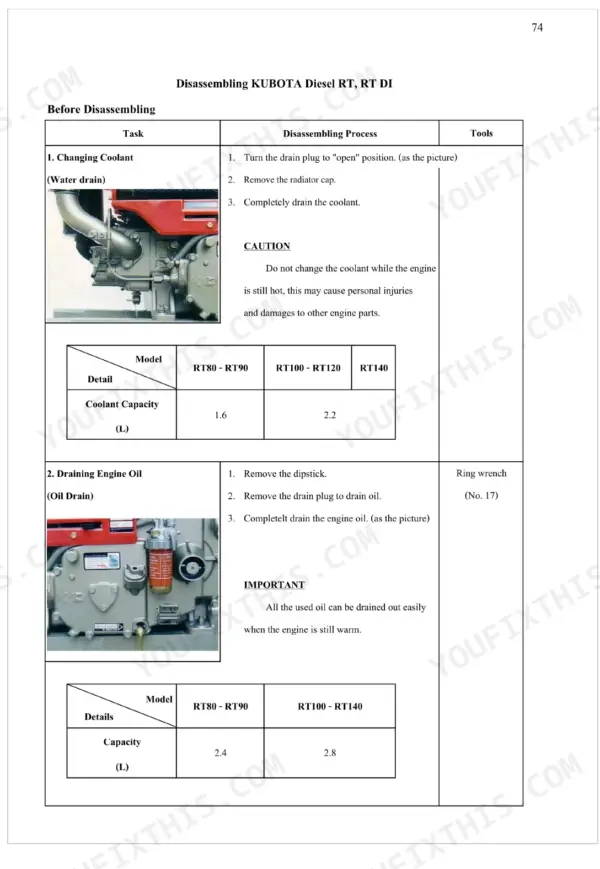 Kubota RT, RT DI procedures for changing coolant and draining engine oil, including capacity tables and drain plug locations.