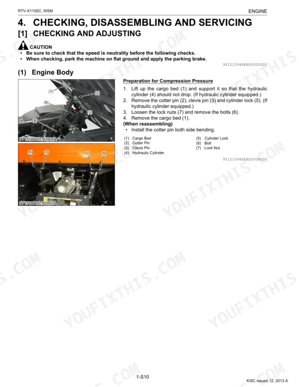 Kubota RTV-X1100C procedure for removing the cargo bed to prepare for engine compression pressure checks.