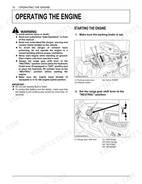 Kubota RTV-X1140 engine starting procedure, parking brake and range gear shift lever diagrams.
